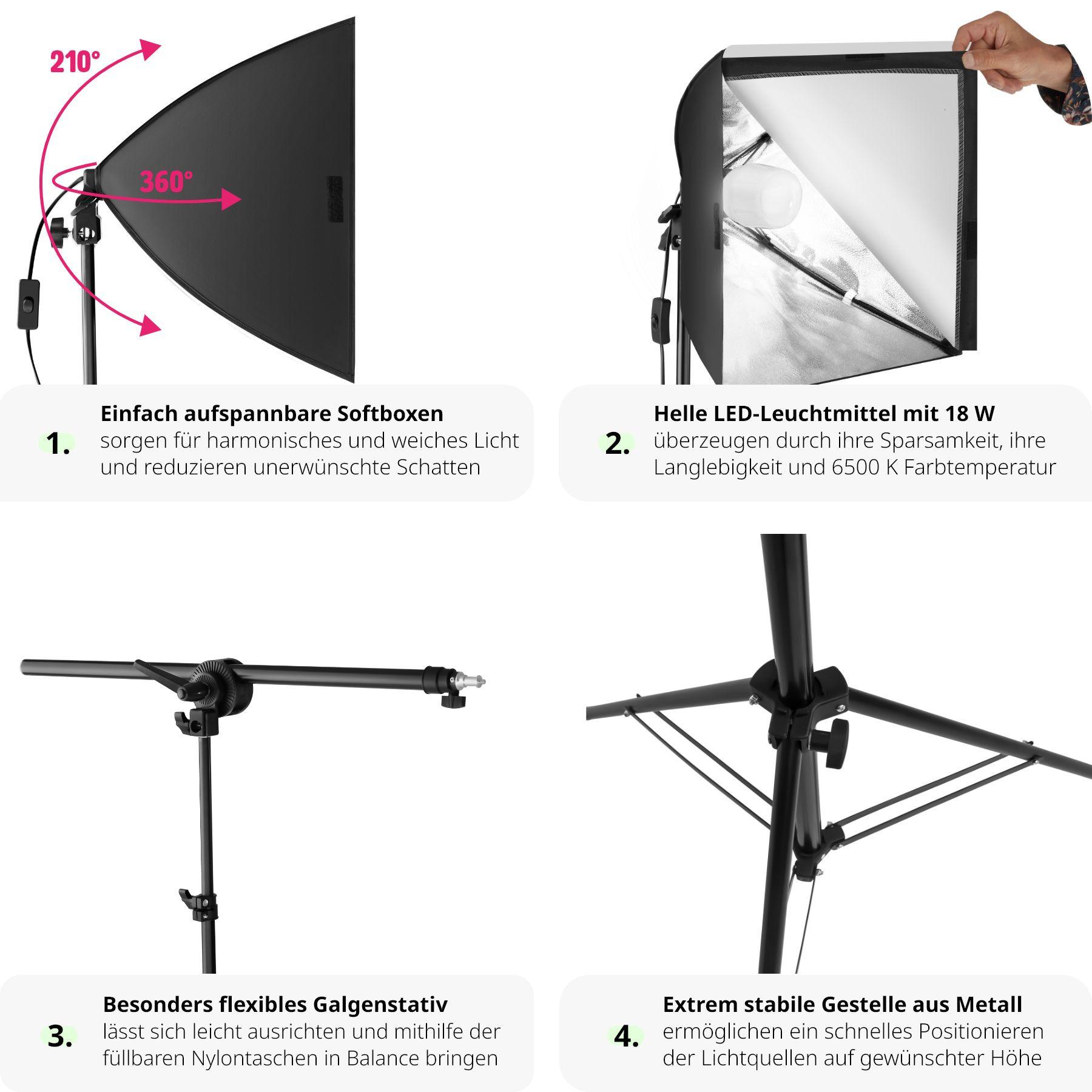 Tectake  Kit éclairage studio 3 Lampes + Softbox + Trépieds 