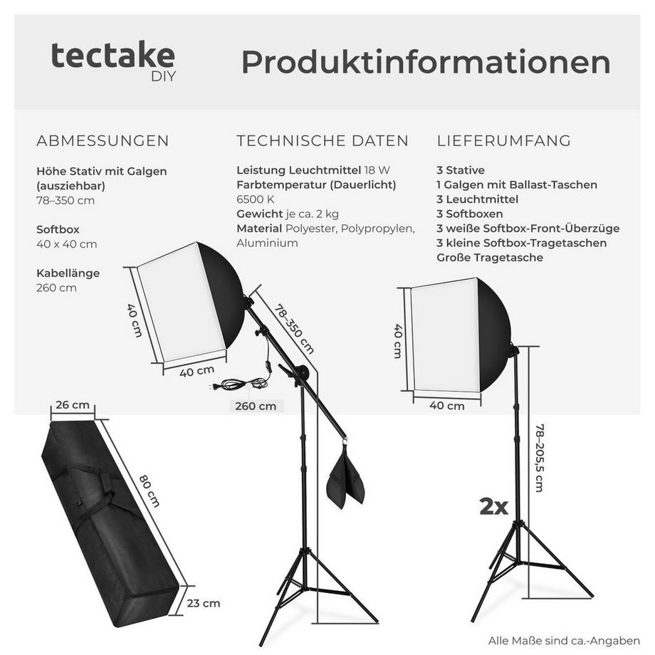 Tectake  Fotostudio-Set  mit Softboxen, ausziehbaren Stativen und ausziehbarem Galgenstativ LED Leuchtmittel E27 18W 