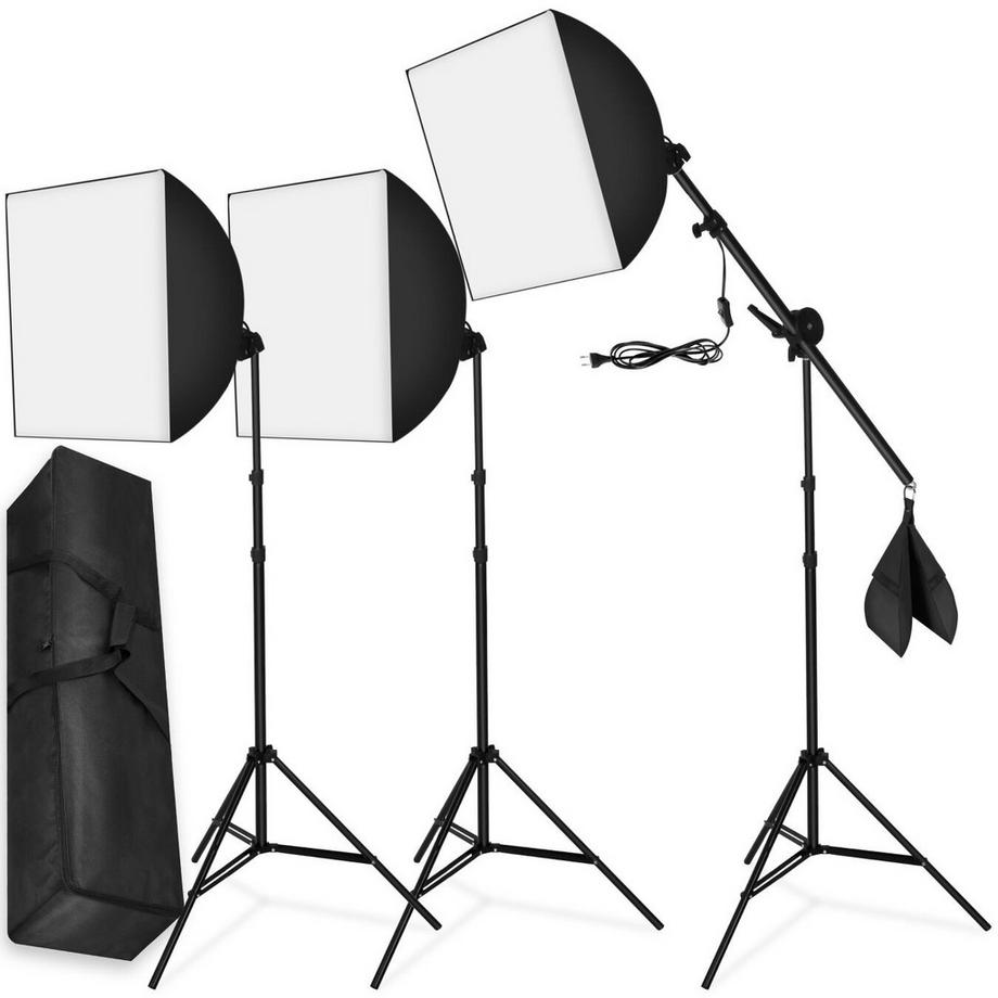 Tectake  Fotostudio-Set  mit Softboxen, ausziehbaren Stativen und ausziehbarem Galgenstativ LED Leuchtmittel E27 18W 