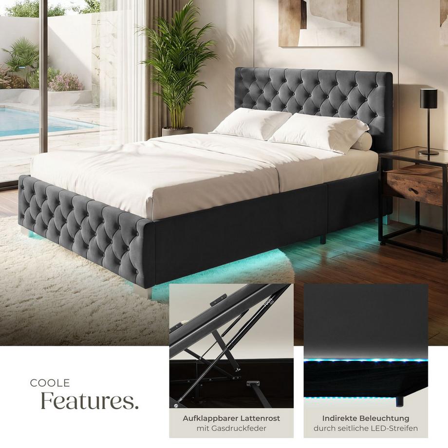 Tectake Lit rembourré DAYTONA en aspect velours avec motif matelassé  