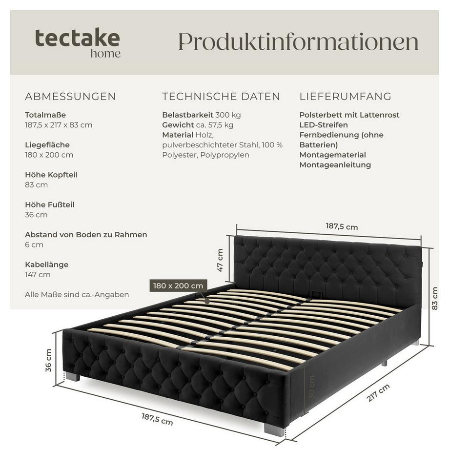 Tectake Lit rembourré DAYTONA en aspect velours avec motif matelassé  
