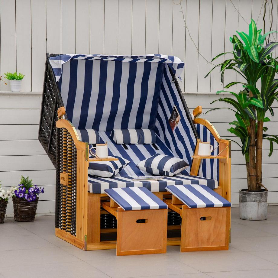 Northio Strandkorb Doppelte Sonnenliege Mit Dach Doppelliege Mit Getränkehaltern Chaiselongue 5-Stufige Rückenlehne Pe-Rattan 118 X 79 X 160 Cm  