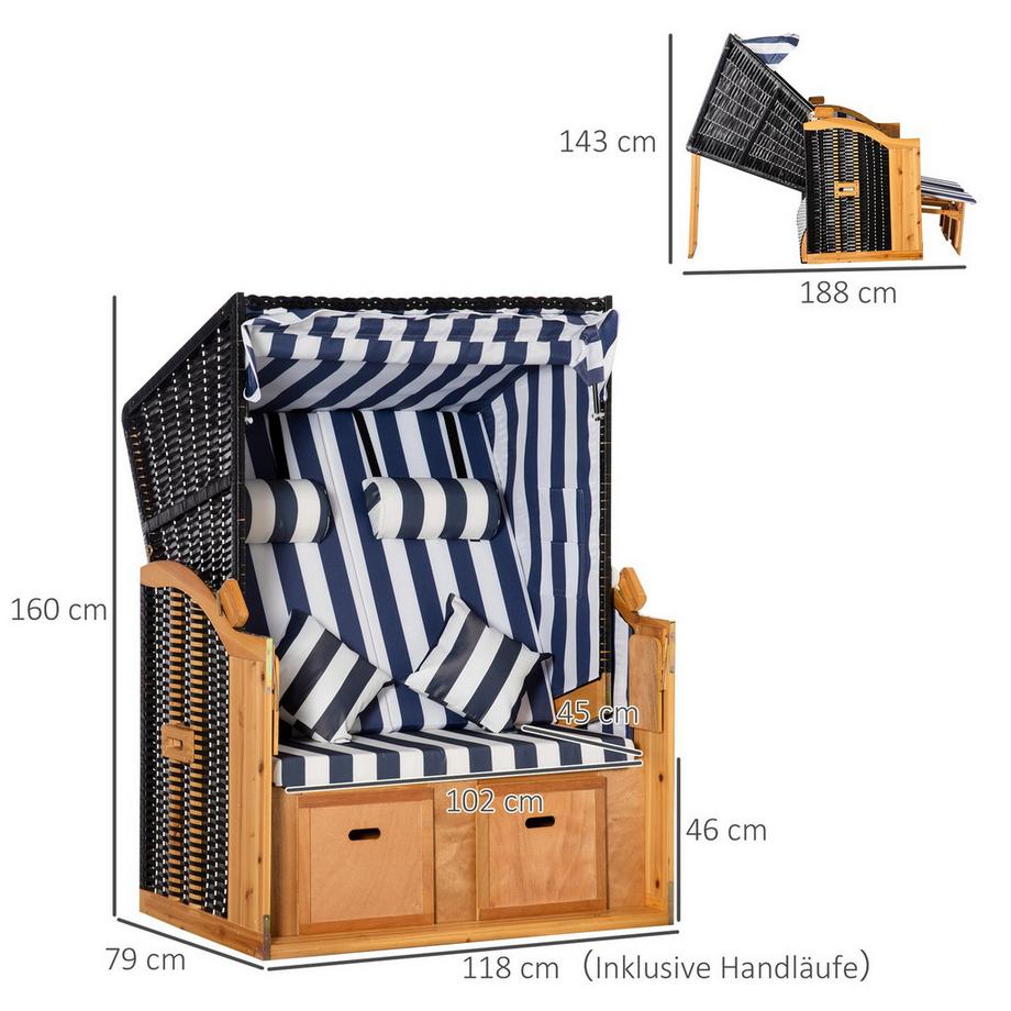Northio Strandkorb Doppelte Sonnenliege Mit Dach Doppelliege Mit Getränkehaltern Chaiselongue 5-Stufige Rückenlehne Pe-Rattan 118 X 79 X 160 Cm  