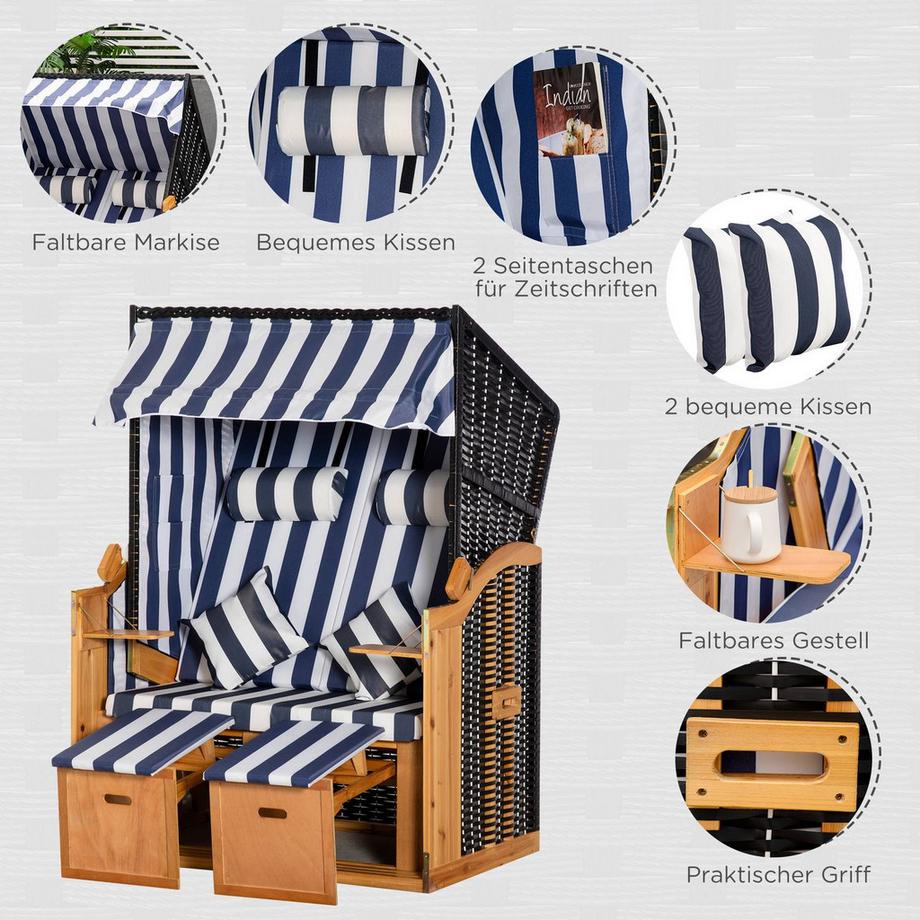 Northio Strandkorb Doppelte Sonnenliege Mit Dach Doppelliege Mit Getränkehaltern Chaiselongue 5-Stufige Rückenlehne Pe-Rattan 118 X 79 X 160 Cm  