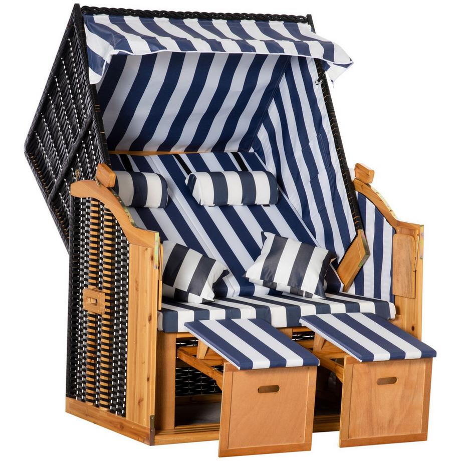 Strandkorb Doppelte Sonnenliege Mit Dach Doppelliege Mit Getränkehaltern Chaiselongue 5-Stufige Rückenlehne Pe-Rattan 118 X 79 X 160 Cm