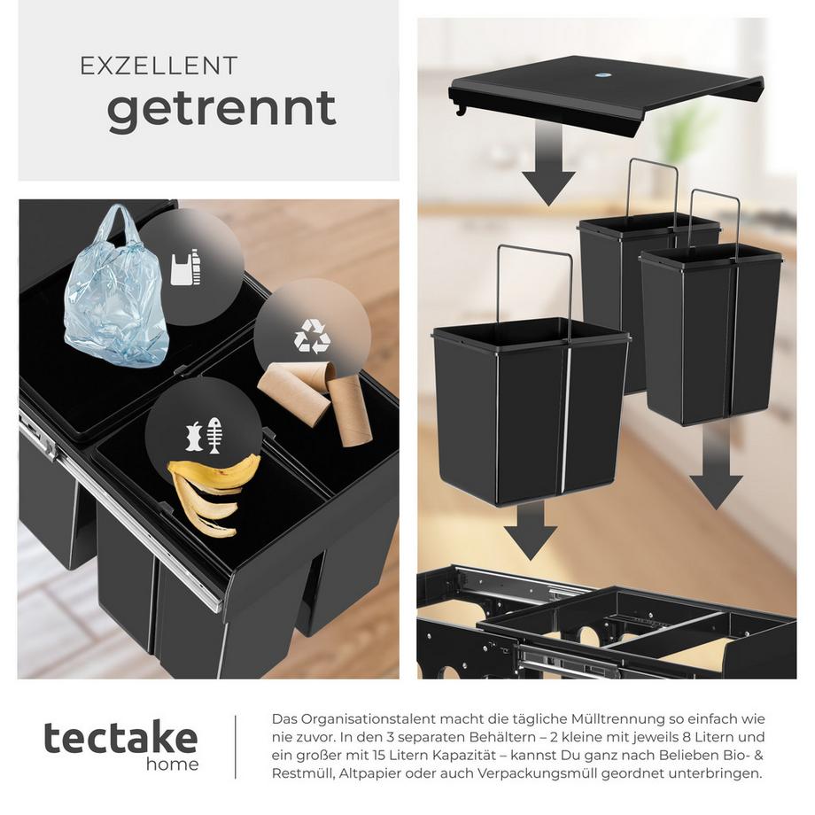 Tectake Contenitore per rifiuti Ashlyn 3 scomparti per la raccolta differenziata, 2 x 8 l e 1 x 15 l  