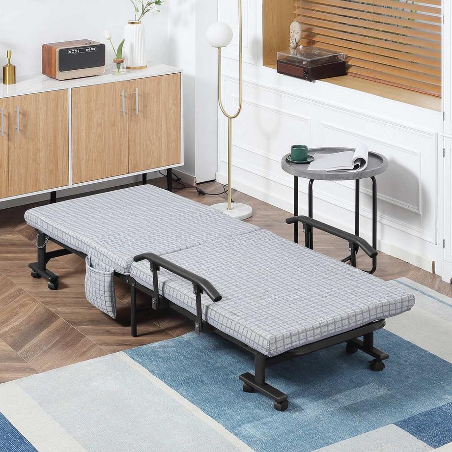 Northio Klappbett Gästebett mit Rollen, Sessel, 5-stufig verstellbare Rückenlehne, Reisebett, Stahlrahmen, Hellgrau+Schwarz, 190x76x33cm  