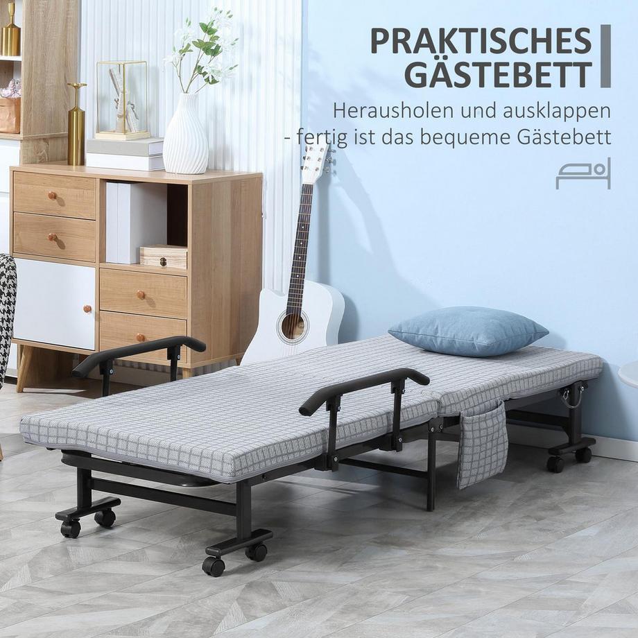 Northio Klappbett Gästebett mit Rollen, Sessel, 5-stufig verstellbare Rückenlehne, Reisebett, Stahlrahmen, Hellgrau+Schwarz, 190x76x33cm  