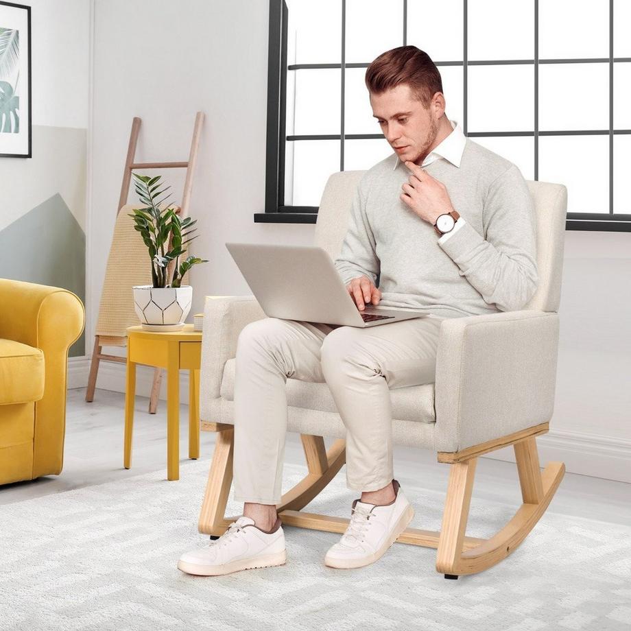 Northio Chaise à bascule rembourrée en bois massif, chaise à bascule, chaise de relaxation, beige  