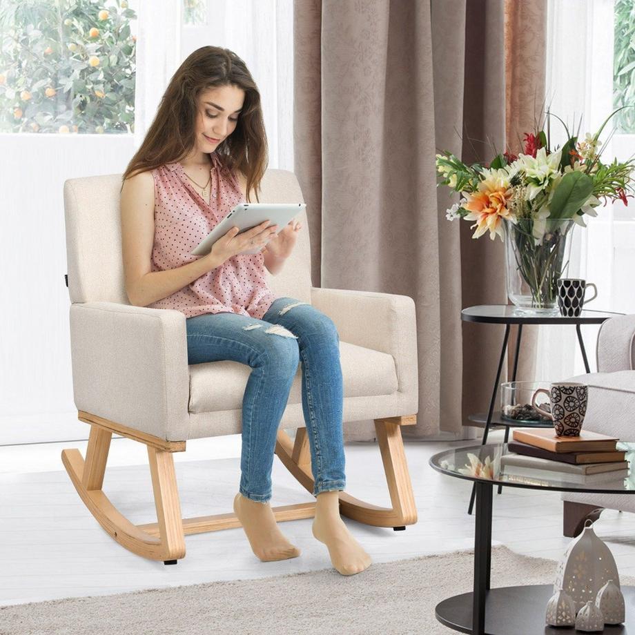 Northio Chaise à bascule rembourrée en bois massif, chaise à bascule, chaise de relaxation, beige  
