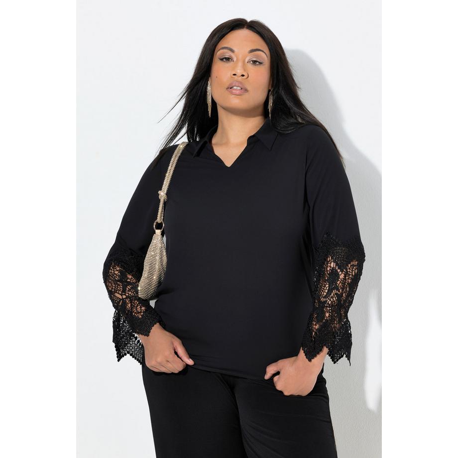 Ulla Popken Chemisier en crêpe dentelle manches longues avec col chemise  