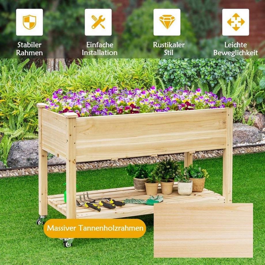 Northix Jardinière surélevée en bois avec roulettes verrouillables 120 x 59 x 84 cm naturel  