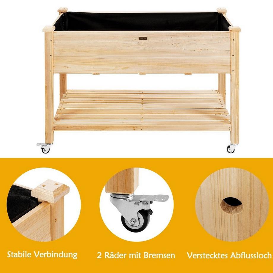 Northix Jardinière surélevée en bois avec roulettes verrouillables 120 x 59 x 84 cm naturel  