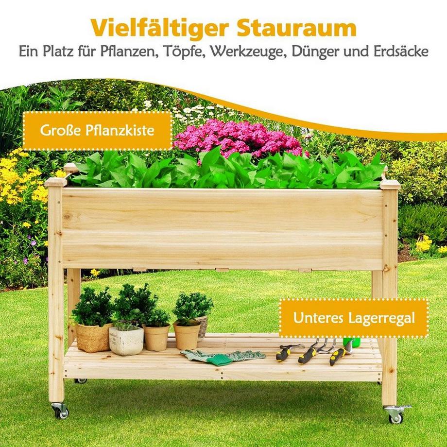 Northix Jardinière surélevée en bois avec roulettes verrouillables 120 x 59 x 84 cm naturel  