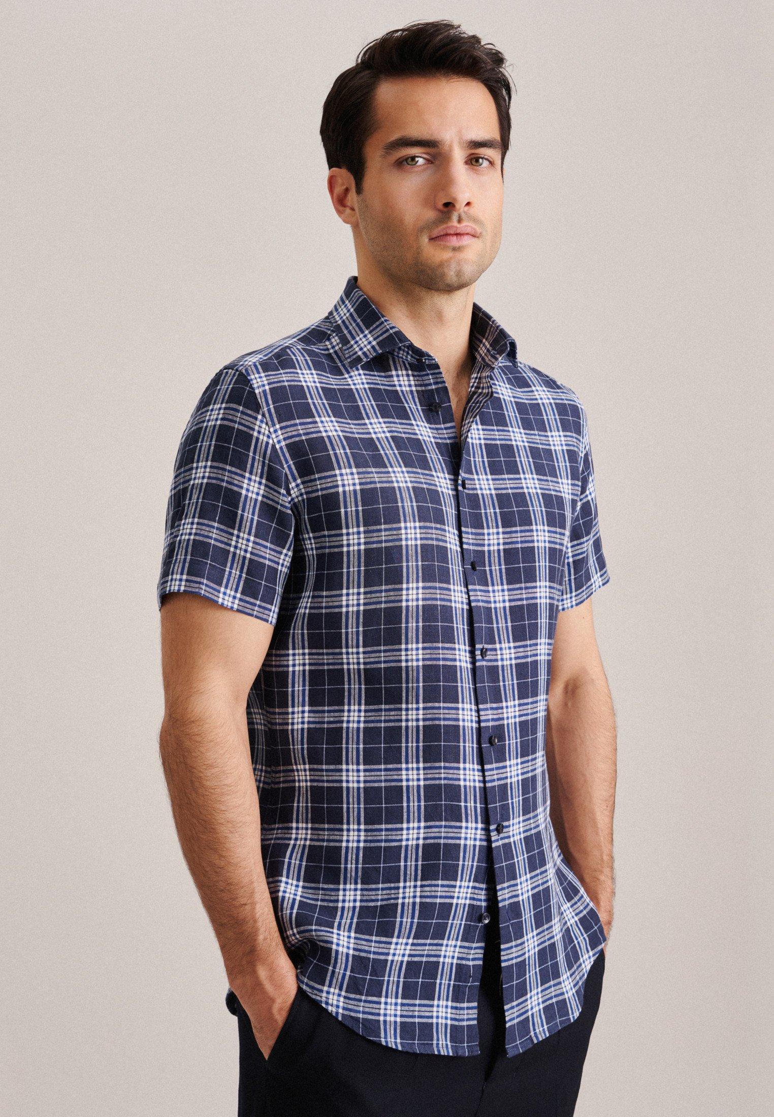 Image of Business Hemd Slim Fit Kurzarm Karo Herren Dunkelblau 40