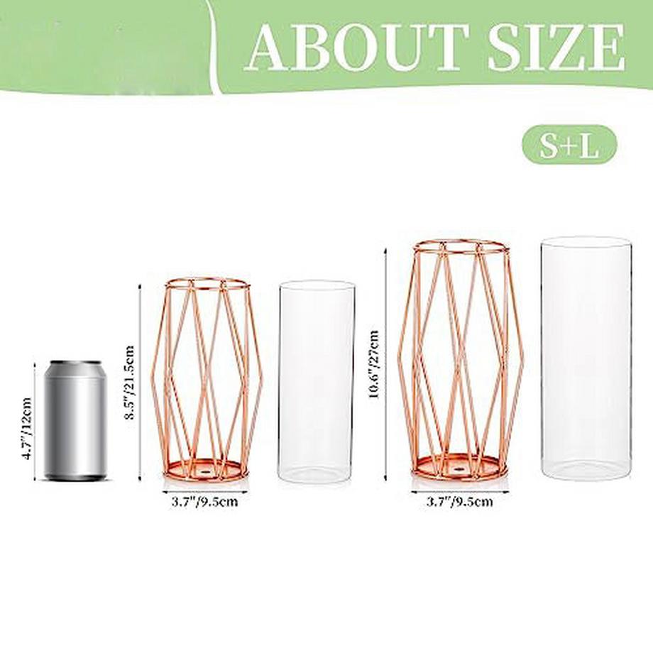 Alopini Vase pour herbe de la pampa, Vase en verre or Rose à fond haut avec support à cadre métallique géométrique 2 pièces/ensemble  