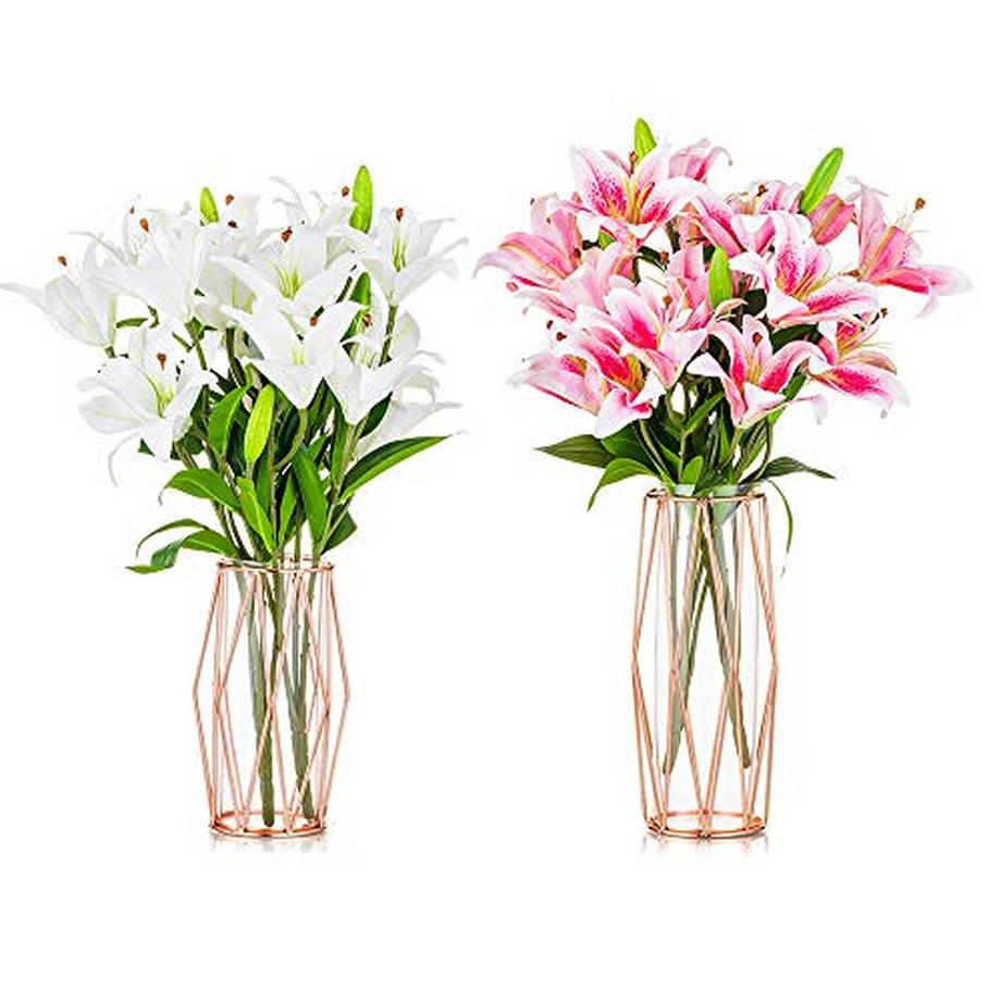 2Pcs/ Set Vase für Pampasgras, Glas Rose Gold Vase hohen Boden mit geometrischen Metallrahmen Stand