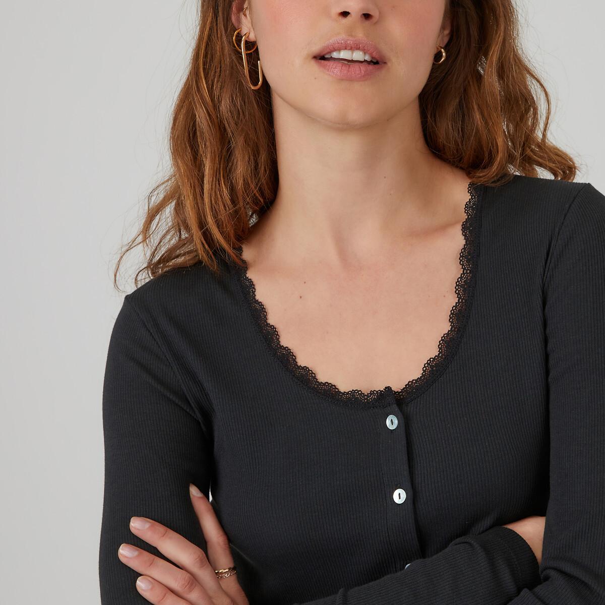 Image of Langarm-shirt Mit Knopfverschluss Und Spitze Damen Schwarz XS