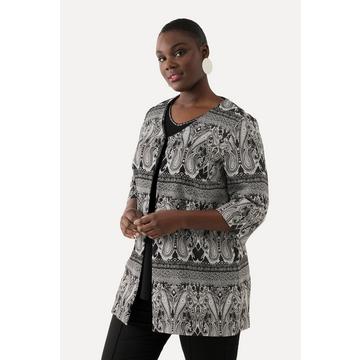 Veste motif cachemire à encolure en V et manches 3/4, fermeture agrafée