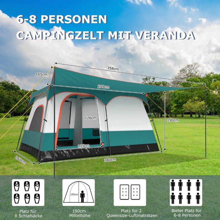 Northix  Tenda grande con tendalino e pavimento, 2 stanze, 2 ingressi e borsa per il trasporto, tenda da campeggio per famiglie M 