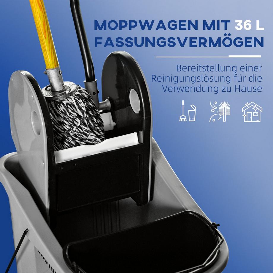 Northio  Reinigungswagen 36 Liter Fahreimer Putzeimer Wischwagen mit Auswringvorrichtung, Grau, 54 x 41 x 91,5 cm 
