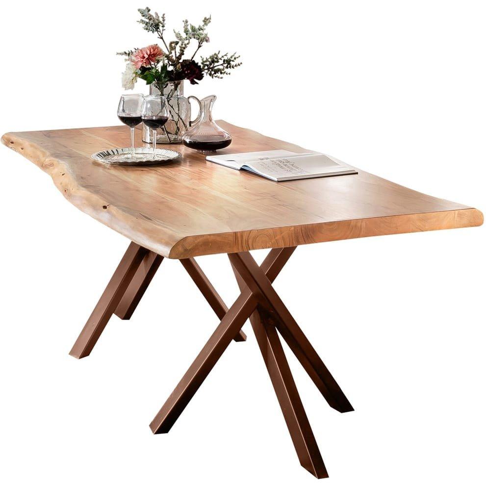 mutoni Table 220x100 cm - acacia naturel - acier brun - avec bordure d'arbre  