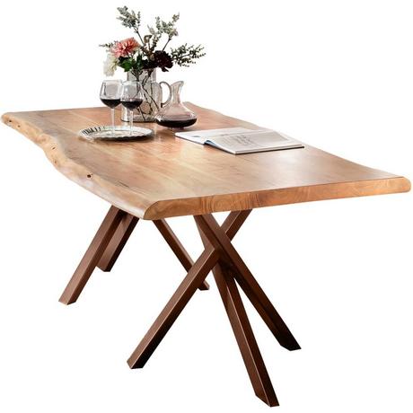 mutoni Table 220x100 cm - acacia naturel - acier brun - avec bordure d'arbre  