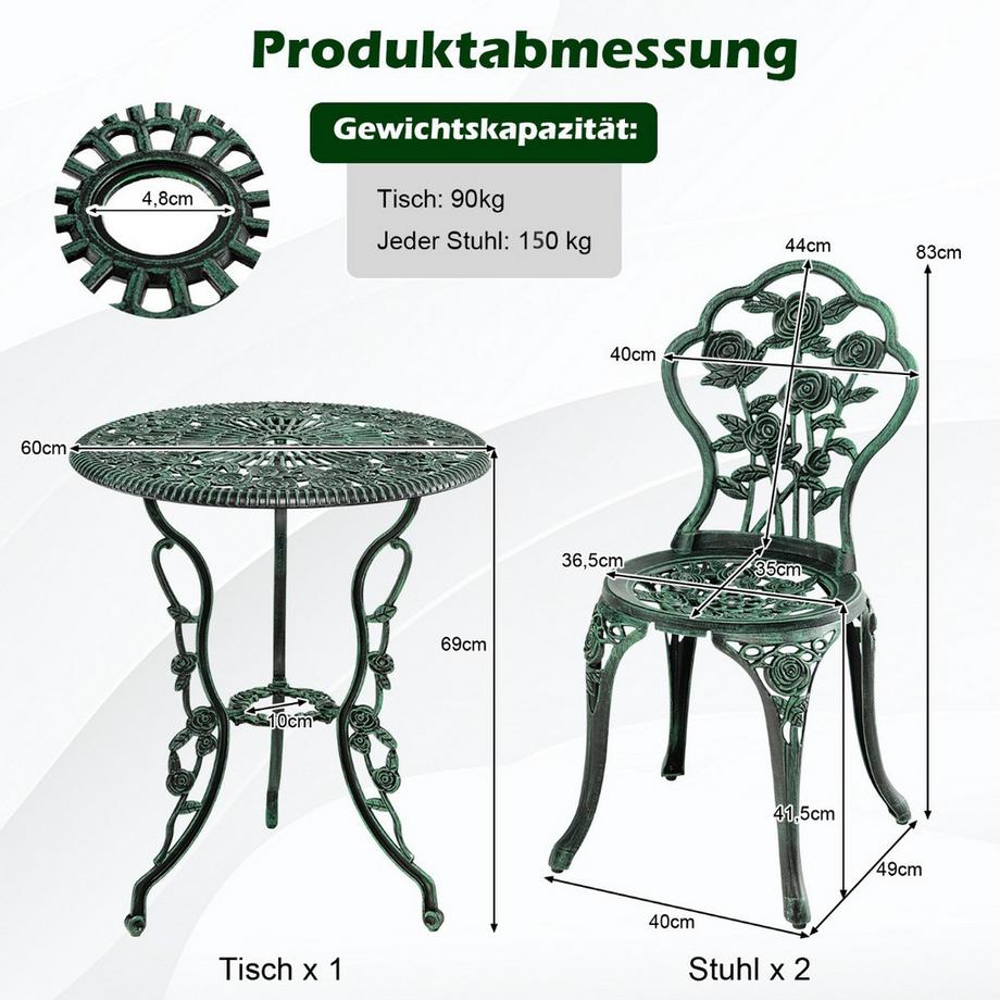 3tlg. Antik Bistroset Rosendesign Sitzgruppe Balkonset Gartenset mit 2 Stühle