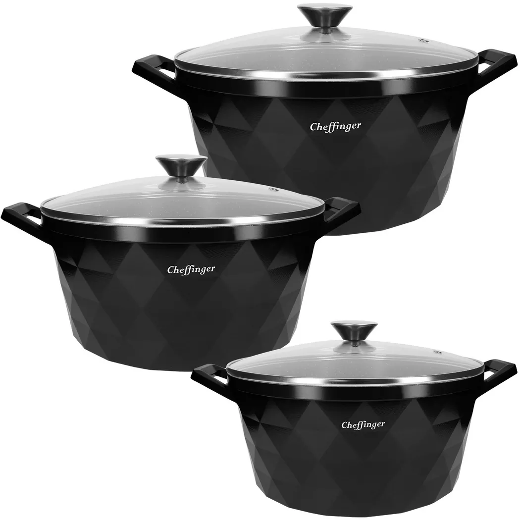 Cheffinger - 3 Kochtöpfe 20/24/28 cm Diamantmuster, One Size, Schwarz