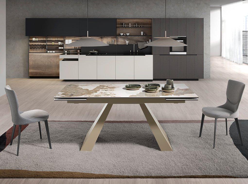 ANGEL CERDA Rechteckiger ausziehbarer Esstisch aus Porzellanmarmor und taupefarbenem Stahl  