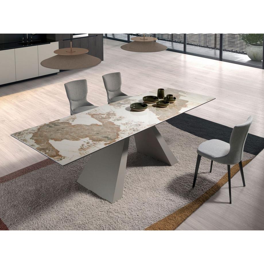 ANGEL CERDA Rechteckiger ausziehbarer Esstisch aus Porzellanmarmor und taupefarbenem Stahl  