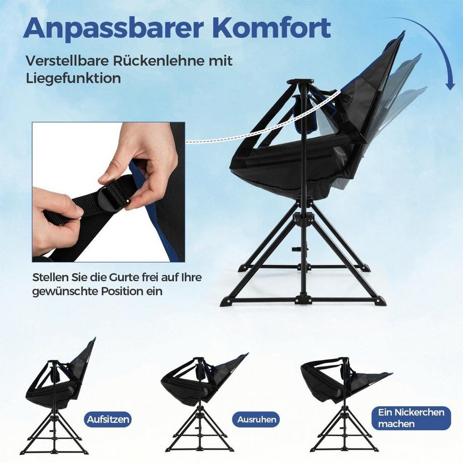 Northix  Chaise de camping avec repose-pieds, dossier réglable, appui-tête et porte-gobelet, chaise de pêche noire 