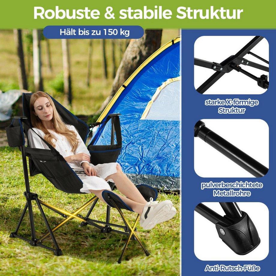 Northix  Chaise de camping avec repose-pieds, dossier réglable, appui-tête et porte-gobelet, chaise de pêche noire 