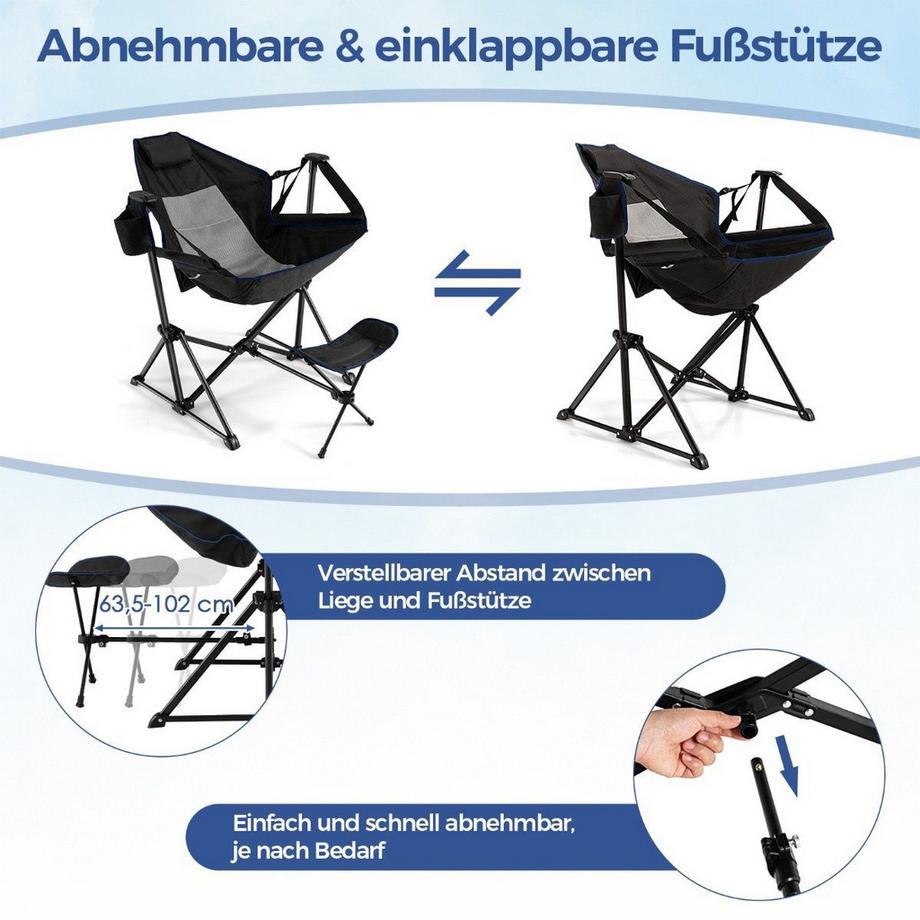 Northix  Chaise de camping avec repose-pieds, dossier réglable, appui-tête et porte-gobelet, chaise de pêche noire 