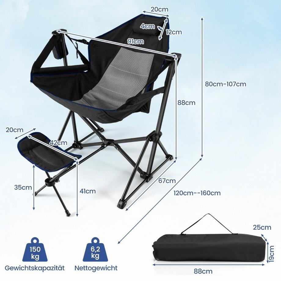 Chaise de camping avec repose-pieds, dossier réglable, appui-tête et porte-gobelet, chaise de pêche noire
