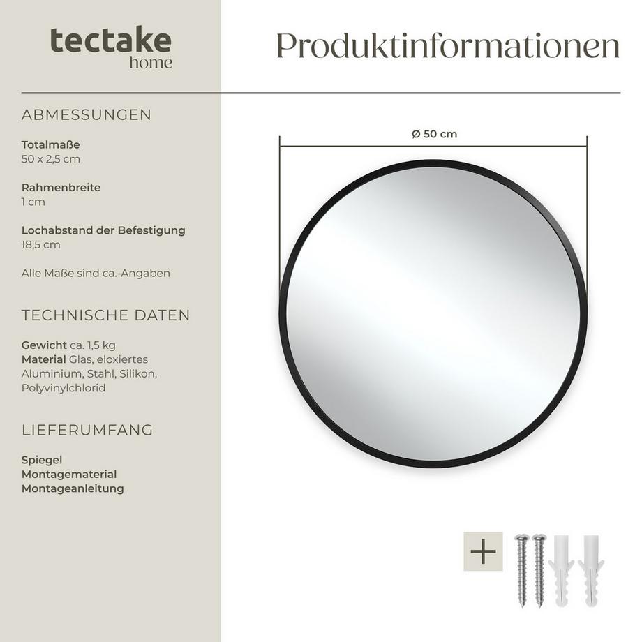 Tectake Runder Wandspiegel  Fiona Ø 50 cm robuster Rahmen aus eloxiertem Aluminium  