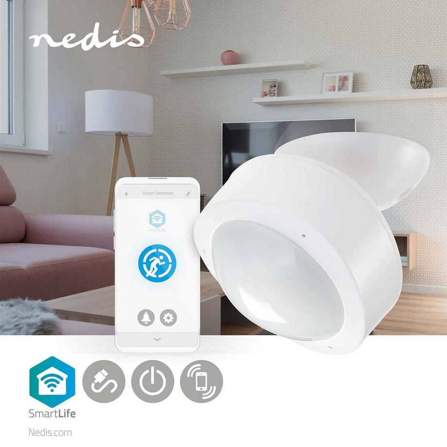 Nedis  SmartLife Smart Motion Sensor | Wi-Fi | Batteriebetrieben / Netzadapter | Erfassungswinkel: 120° | Erfassungsbereich: 10,0m | Weiß 