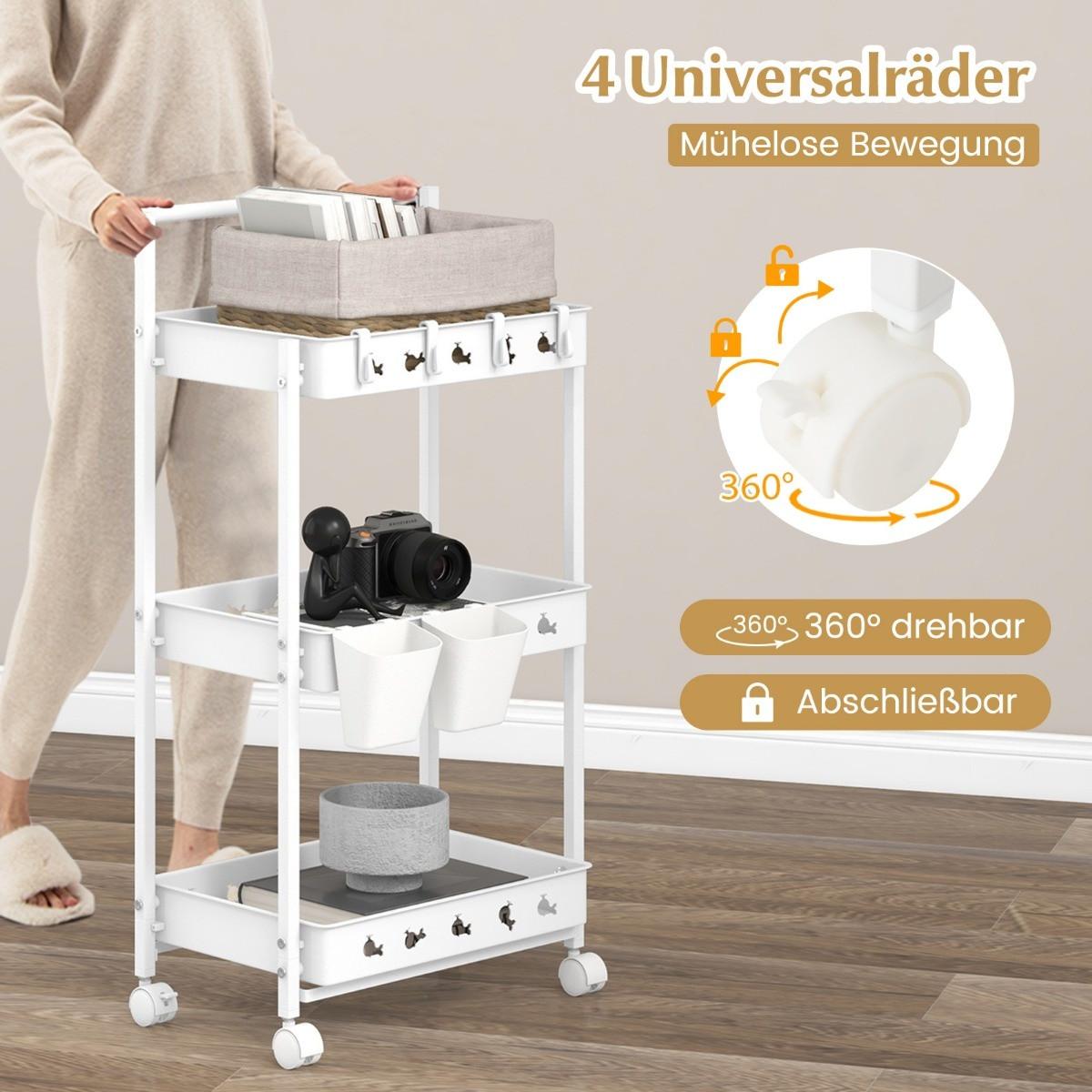 Northio Chariot de service à 3 niveaux à roulettes chariot de cuisine avec 2 tasses suspendues 42 x 29 x 83 cm blanc  