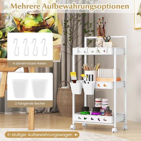 Northio Chariot de service à 3 niveaux à roulettes chariot de cuisine avec 2 tasses suspendues 42 x 29 x 83 cm blanc  