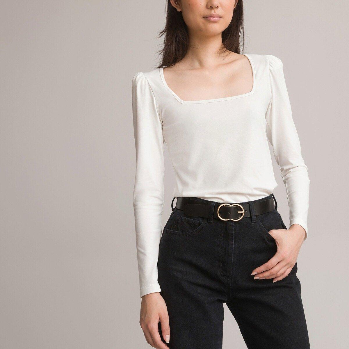 Image of Langarm-shirt Mit Karree-ausschnitt Damen Weiss XS