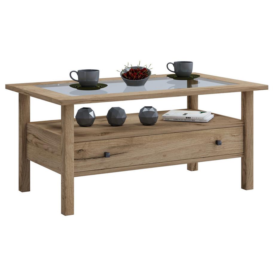 VCM Holz Beistelltisch mit ESG-Sicherheitsglas | Couchtisch schlicht | Maße ca. H. 42 x B. 90 x T. 54 cm | Wohnzimmertisch mit Schublade | Sofatisch -  