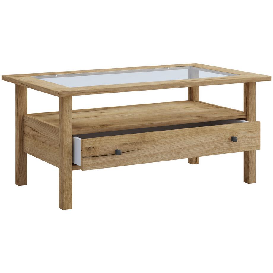 VCM Holz Beistelltisch mit ESG-Sicherheitsglas | Couchtisch schlicht | Maße ca. H. 42 x B. 90 x T. 54 cm | Wohnzimmertisch mit Schublade | Sofatisch -  