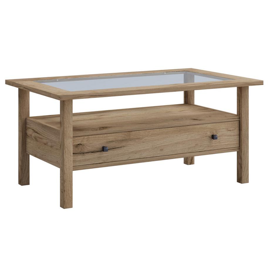 VCM Holz Beistelltisch mit ESG-Sicherheitsglas | Couchtisch schlicht | Maße ca. H. 42 x B. 90 x T. 54 cm | Wohnzimmertisch mit Schublade | Sofatisch -  