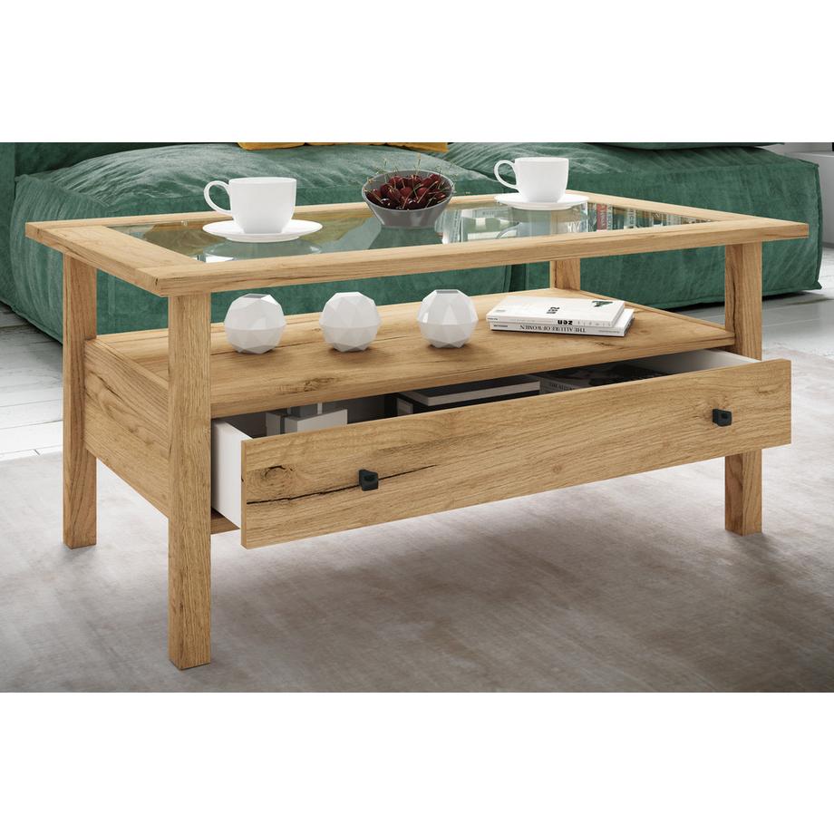 VCM Holz Beistelltisch mit ESG-Sicherheitsglas | Couchtisch schlicht | Maße ca. H. 42 x B. 90 x T. 54 cm | Wohnzimmertisch mit Schublade | Sofatisch -  