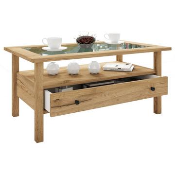 Holz Beistelltisch mit ESG-Sicherheitsglas | Couchtisch schlicht | Maße ca. H. 42 x B. 90 x T. 54 cm | Wohnzimmertisch mit Schublade | Sofatisch -