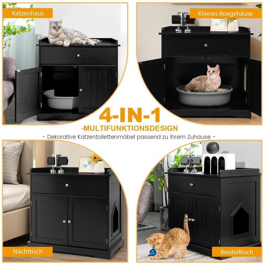Northix  Maison pour chat avec tiroir et 2 portes 3 en 1, maison pour chat, bac à litière pour chat, table d'appoint, noir 