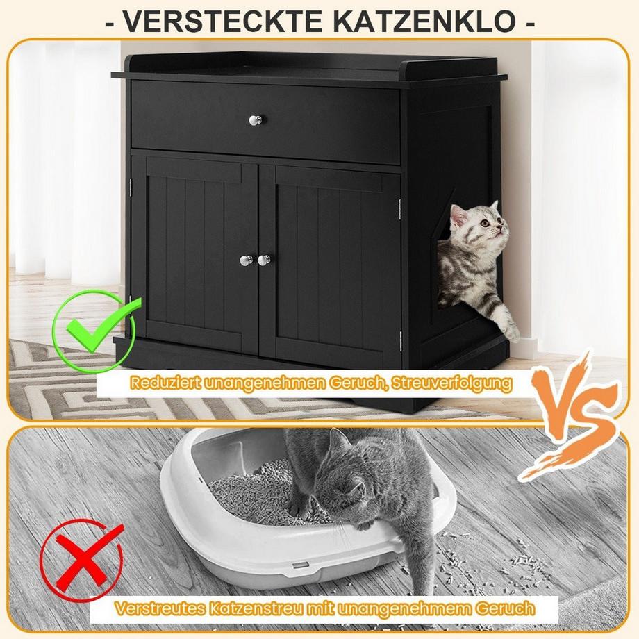 Northix  Maison pour chat avec tiroir et 2 portes 3 en 1, maison pour chat, bac à litière pour chat, table d'appoint, noir 