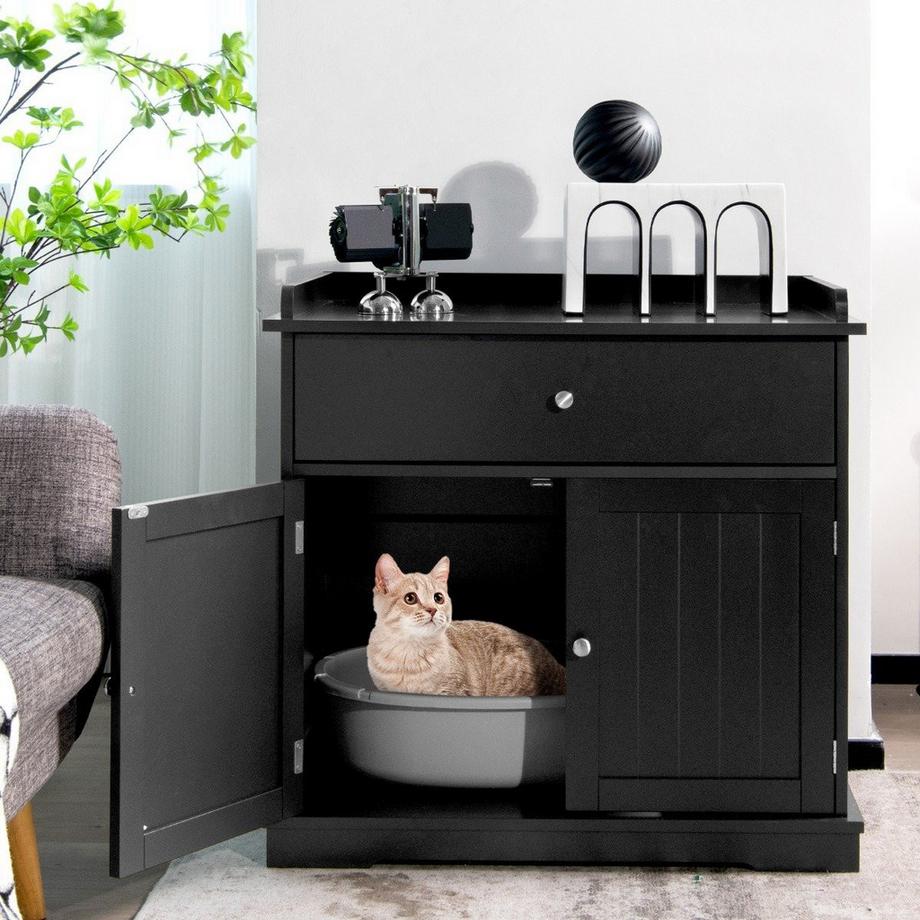 Northix  Maison pour chat avec tiroir et 2 portes 3 en 1, maison pour chat, bac à litière pour chat, table d'appoint, noir 