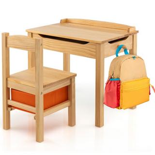 Northio Table + chaise pour enfants en bois massif avec plateau pliant, tiroir et crochets naturel  