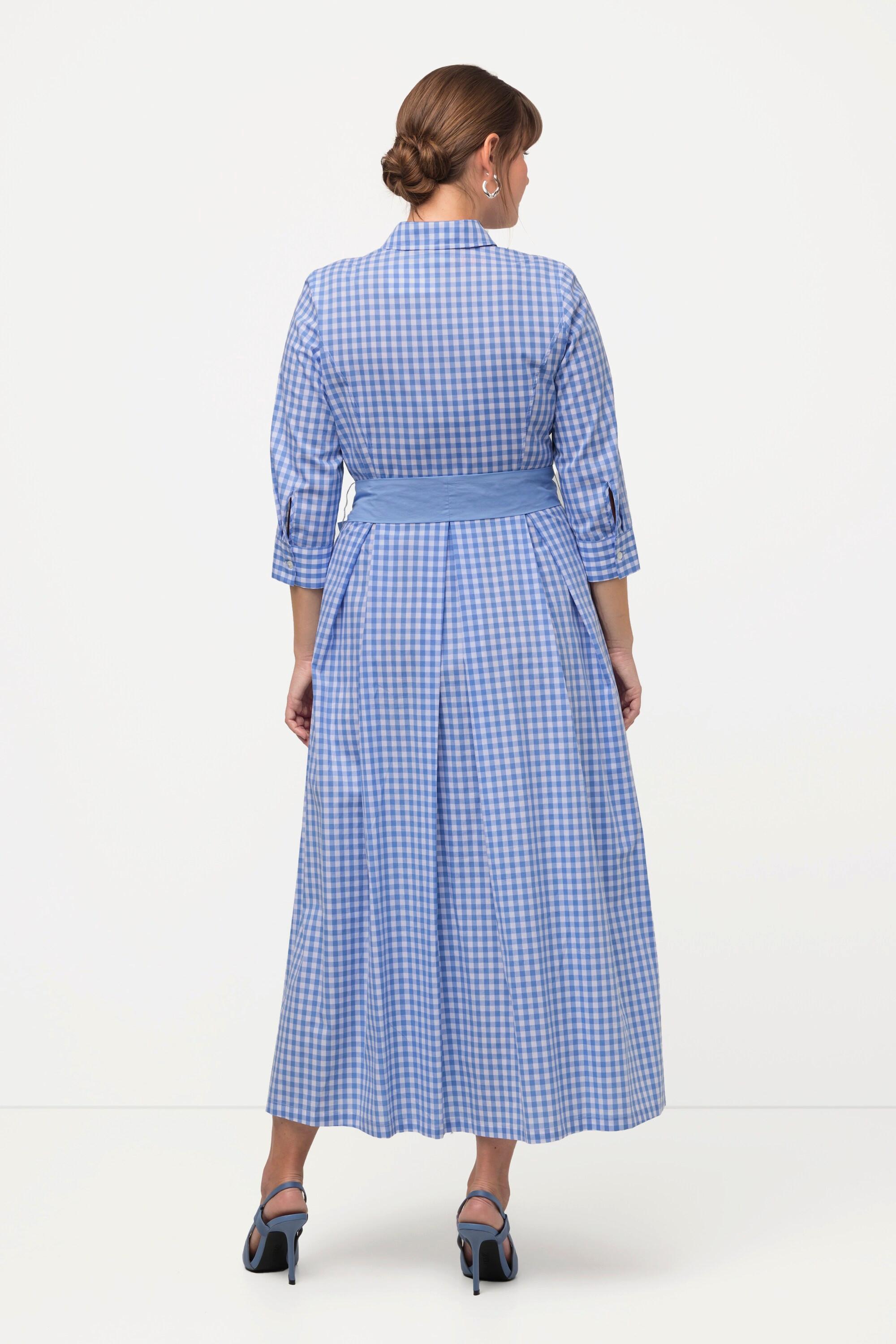 Ulla Popken  Robe chemisier à carreaux Vichy, col chemise et manches 3/4 